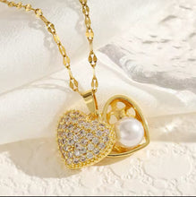 Elegant Heart-Shaped Locket Necklace with cubic zirconia Diamonds and Pearl