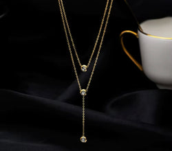 Double Layer Stainless Steel Necklace with Crystal Pendants for Women