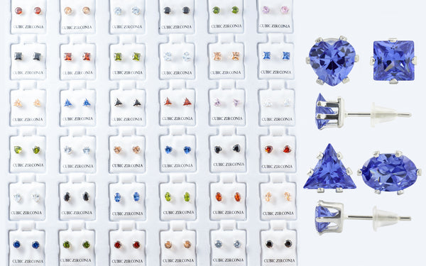 Multi-Colored Cubic Zirconia Stud Earrings Set – Assorted Shapes & Hypoallergenic