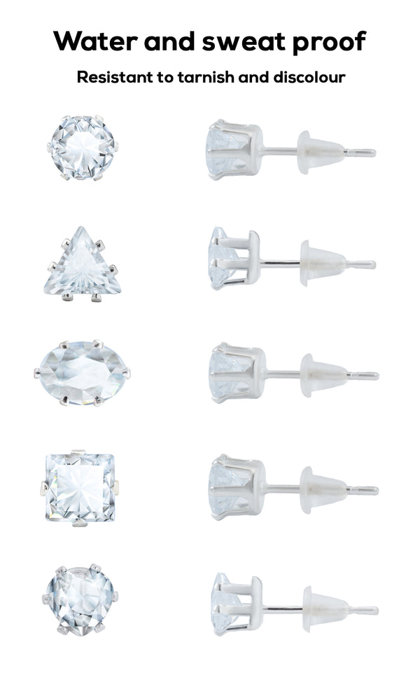 Classic Clear Cubic Zirconia Stud Earrings Set – Assorted Shapes, Hypoallergenic & Tarnish-Free