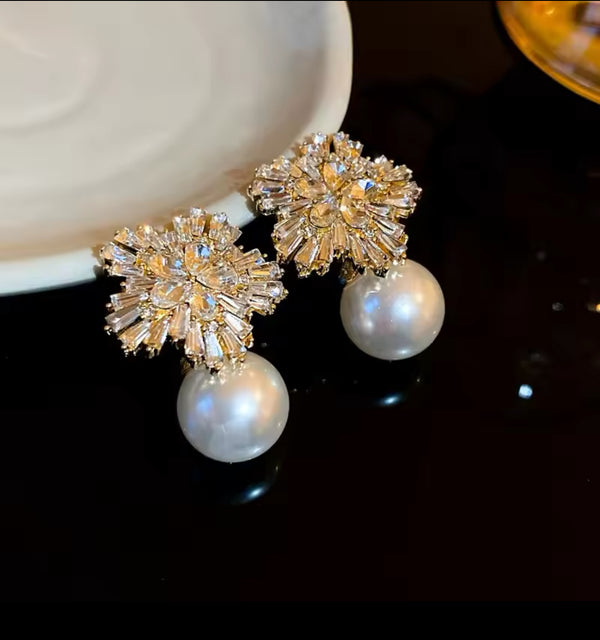 Elegant Stainless Steel Gold Earrings with Zirconia and Pearl Detail