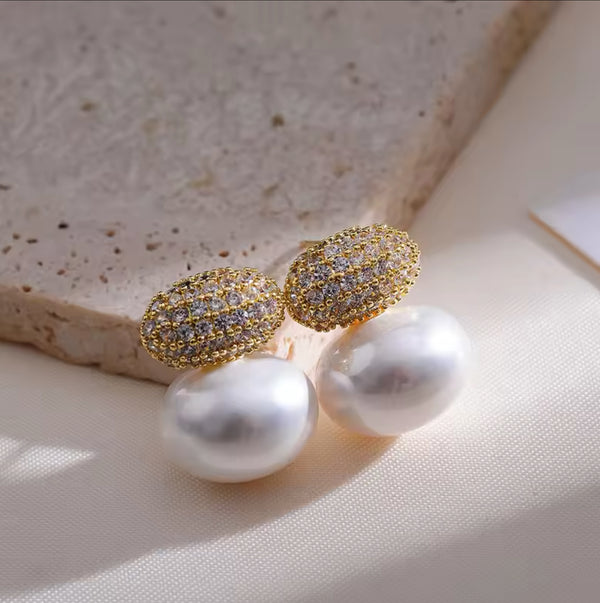 Elegant Pearl Drop Earrings with Gold and Cubic Zirconia Accents