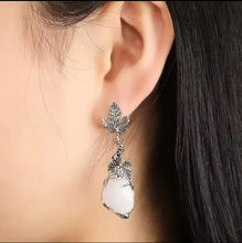 Vintage Leaf & Vine Teardrop White Gemstone Earrings