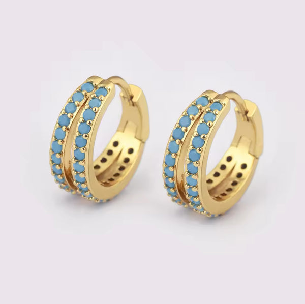 Gold Hoop Earrings with Turquoise Zircon – Elegant Small Hoops with a Pop of Color