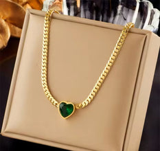 Gold Necklace with Green Heart Pendant