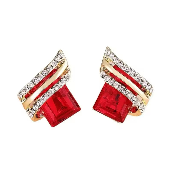 Radiant Red Elegance: Gold-Tone Crystal-Embellished Earrings