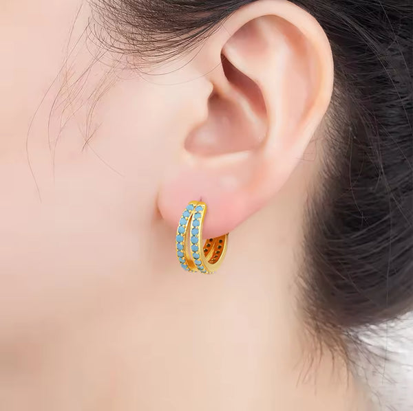 Gold Hoop Earrings with Turquoise Zircon – Elegant Small Hoops with a Pop of Color