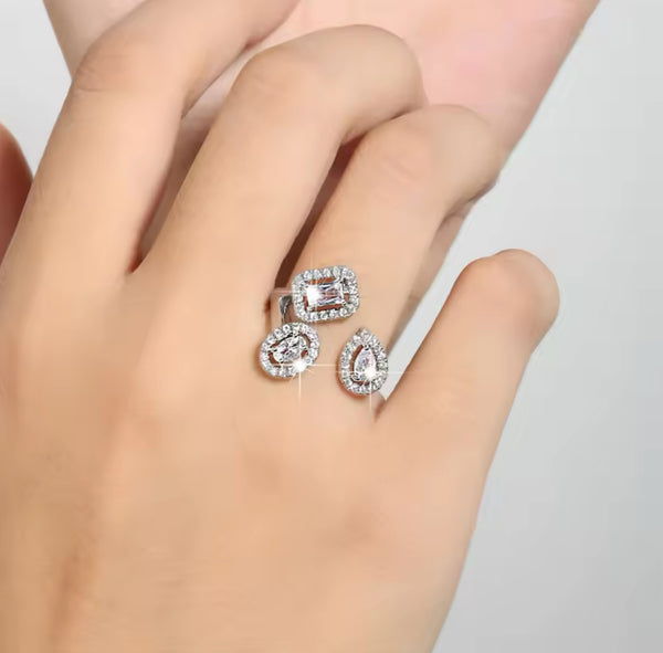 Elegant Triple-Stone adjustable Silver Ring