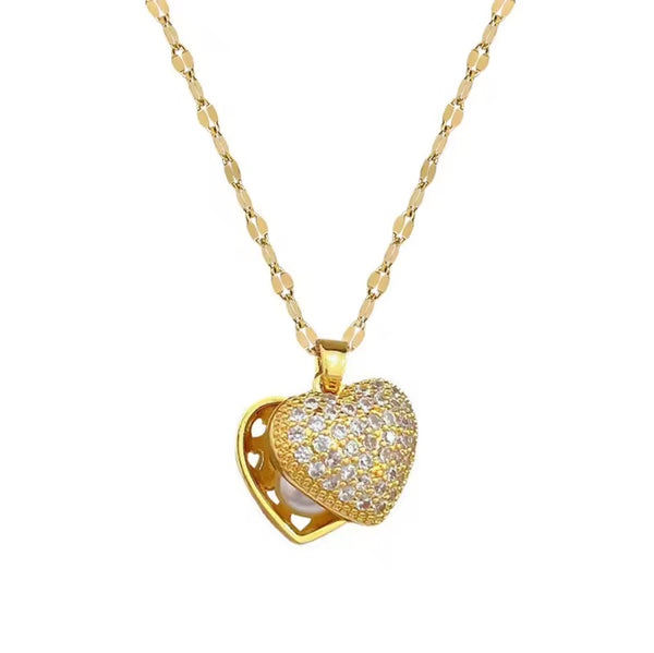 Elegant Heart-Shaped Locket Necklace with cubic zirconia Diamonds and Pearl