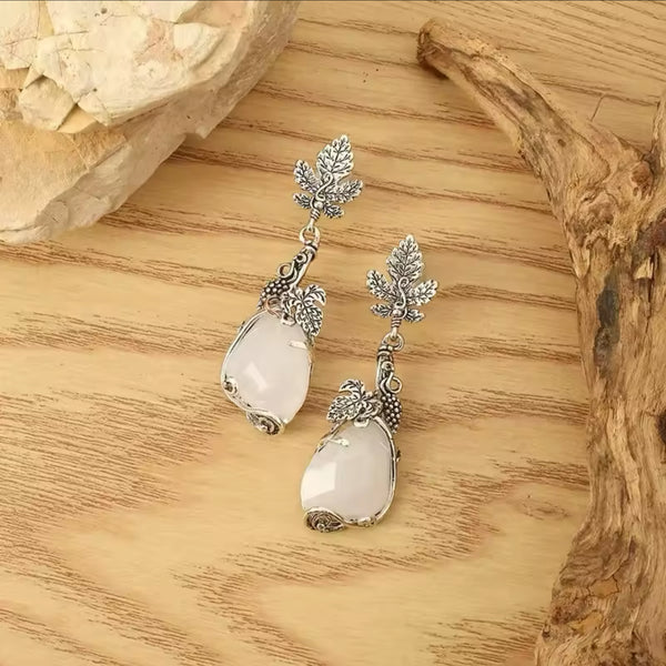 Vintage Leaf & Vine Teardrop White Gemstone Earrings