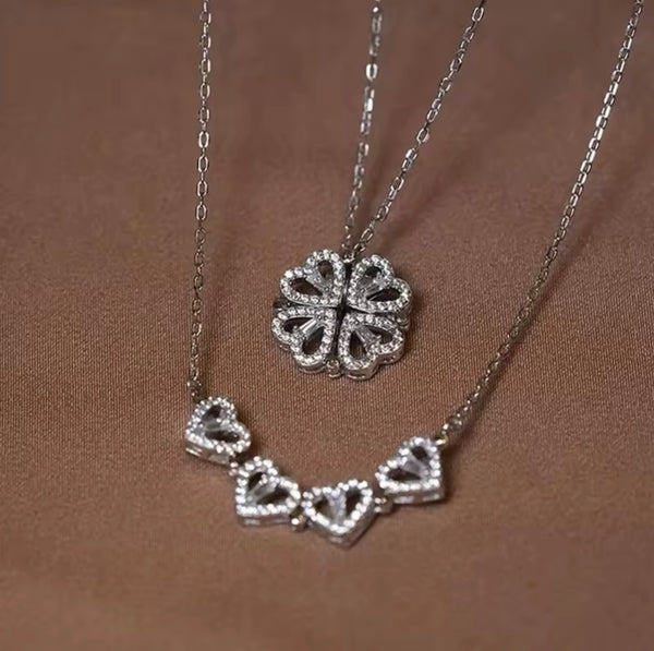 Versatile Love: silver stainless Steel 2-in-1 Clover and Heart Necklace