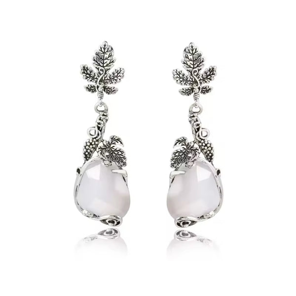 Vintage Leaf & Vine Teardrop White Gemstone Earrings