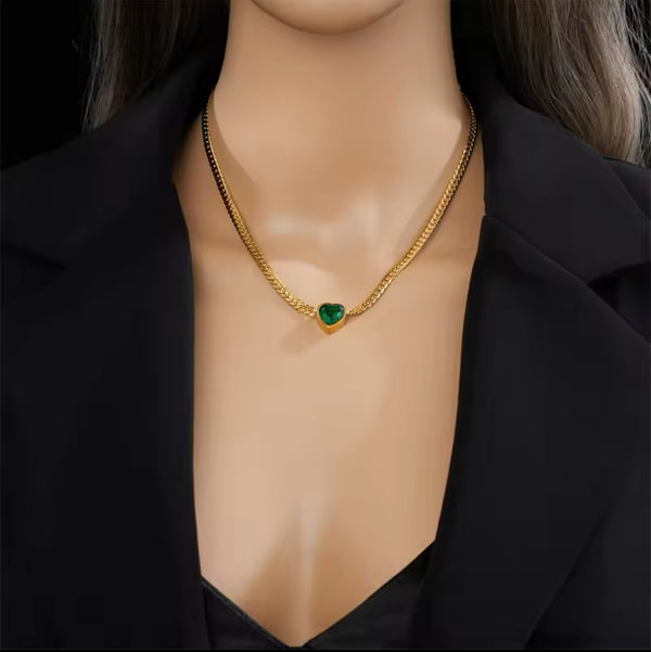 Gold Necklace with Green Heart Pendant