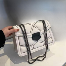 White Chic Geometric PU Leather Handbag with Reversible Weighted Chain Strap