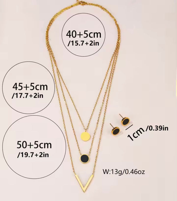 Elegant Stainless Steel Multilayered Gold Necklace with black Studs Set