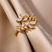 Gold stainless steel adjustable ring with leaf motif