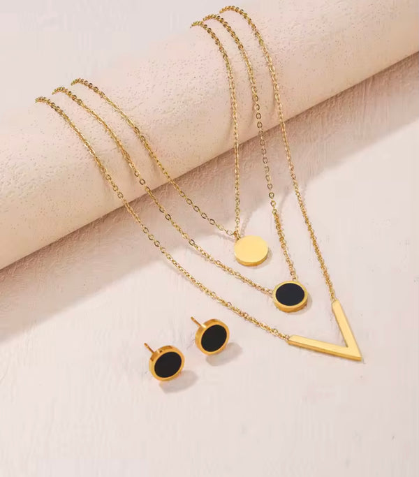 Elegant Stainless Steel Multilayered Gold Necklace with black Studs Set