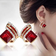 Radiant Red Elegance: Gold-Tone Crystal-Embellished Earrings