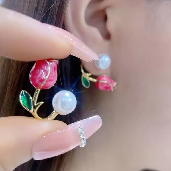 Blooming Elegance: Rose-Inspired Earrings with Pearl Accent