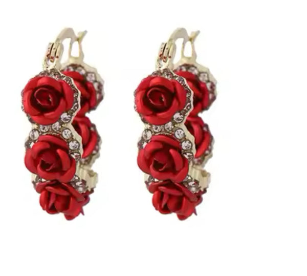 Elegant Red Rose Hoop Earrings