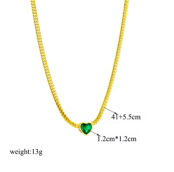 Gold Necklace with Green Heart Pendant