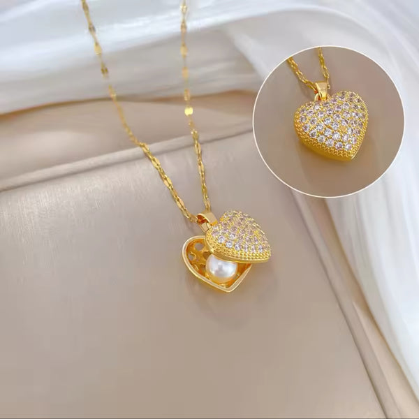 Elegant Heart-Shaped Locket Necklace with cubic zirconia Diamonds and Pearl