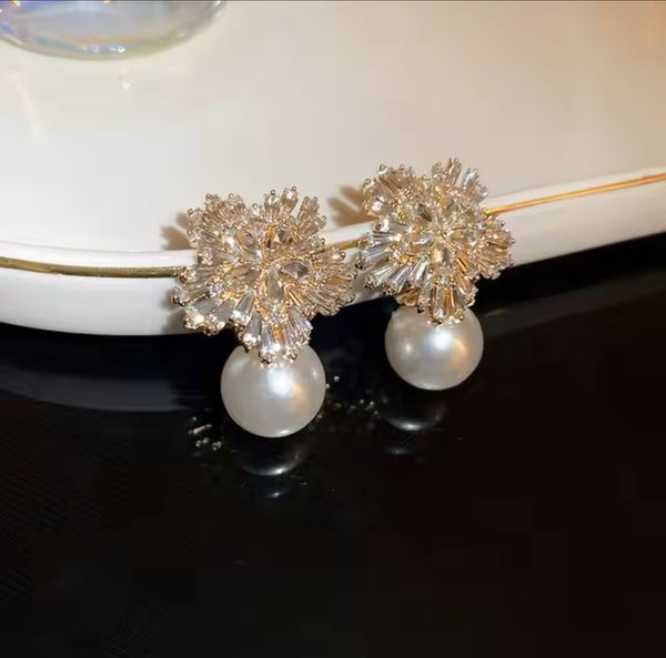 Elegant Stainless Steel Gold Earrings with Zirconia and Pearl Detail