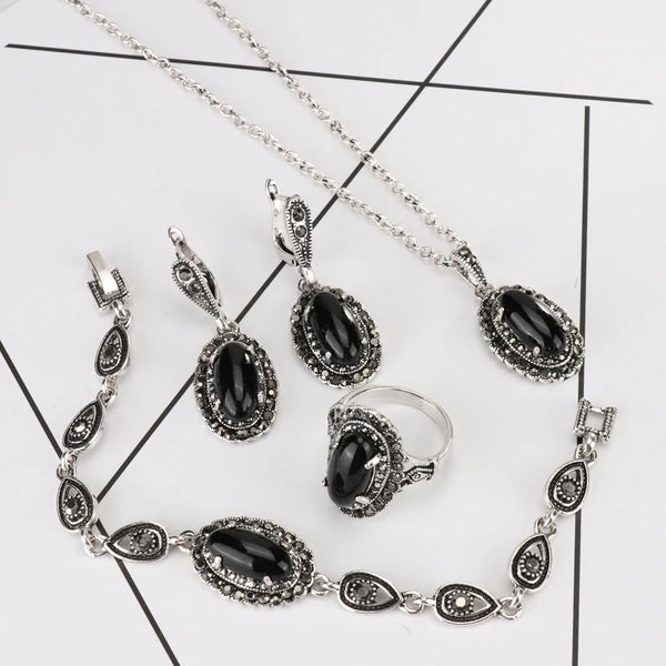 4Pcs Retro Jewelry Sets Black Pendant Necklace And Earring Bracelet Ring For Women Fashion Jewelry Set Gift