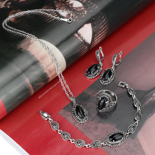 4Pcs Retro Jewelry Sets Black Pendant Necklace And Earring Bracelet Ring For Women Fashion Jewelry Set Gift