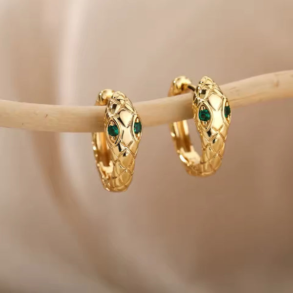 Gold-Toned Stainless Steel Snake Hoop Earrings with Green Gemstone Eyes