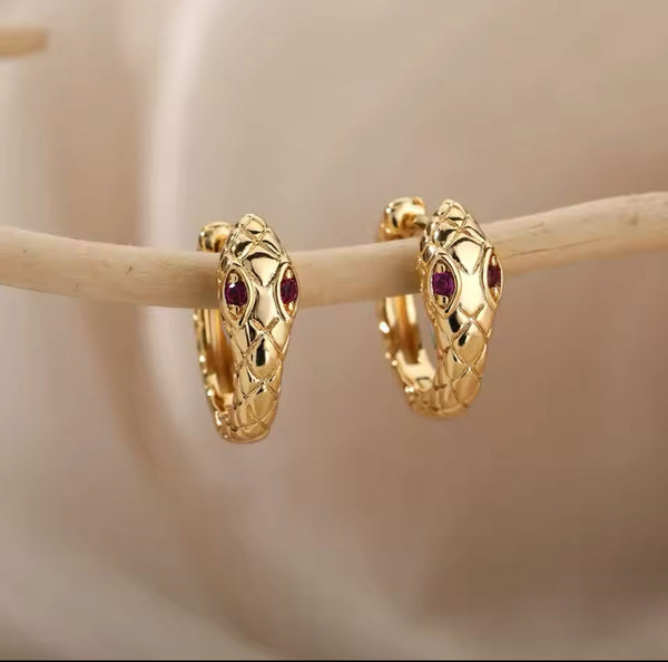 Gold-Toned Stainless Steel Snake Hoop Earrings with red Gemstone Eyes