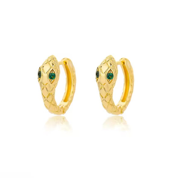 Gold-Toned Stainless Steel Snake Hoop Earrings with Green Gemstone Eyes