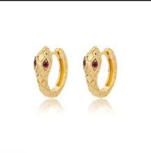 Gold-Toned Stainless Steel Snake Hoop Earrings with red Gemstone Eyes