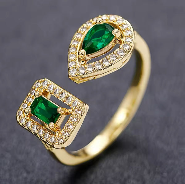 Gold Adjustable Stainless Steel Ring with Green and Clear Zirconia