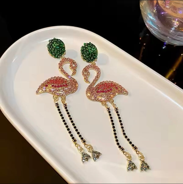 Vibrant Flamingo Earrings with Ring Stones