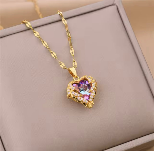 Gold-Tone Heart Pendant Necklace with Multicolor Crystal Accent