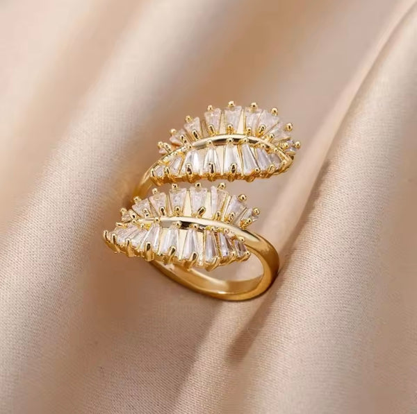 Gold-Plated Adjustable Stainless Steel Ring with leaf design studded with Zirconia