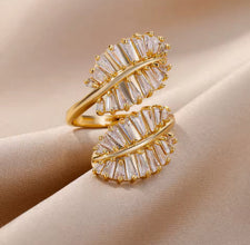 Gold-Plated Adjustable Stainless Steel Ring with leaf design studded with Zirconia