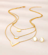 Elegant Stainless Steel Multilayered Gold Necklace with Milky White Studs Set