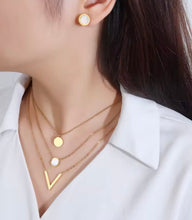 Elegant Stainless Steel Multilayered Gold Necklace with Milky White Studs Set