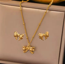 Stainless Steel Gold Bow Necklace and Stud Set