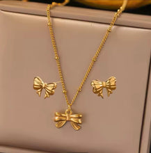 Stainless Steel Gold Bow Necklace and Stud Set